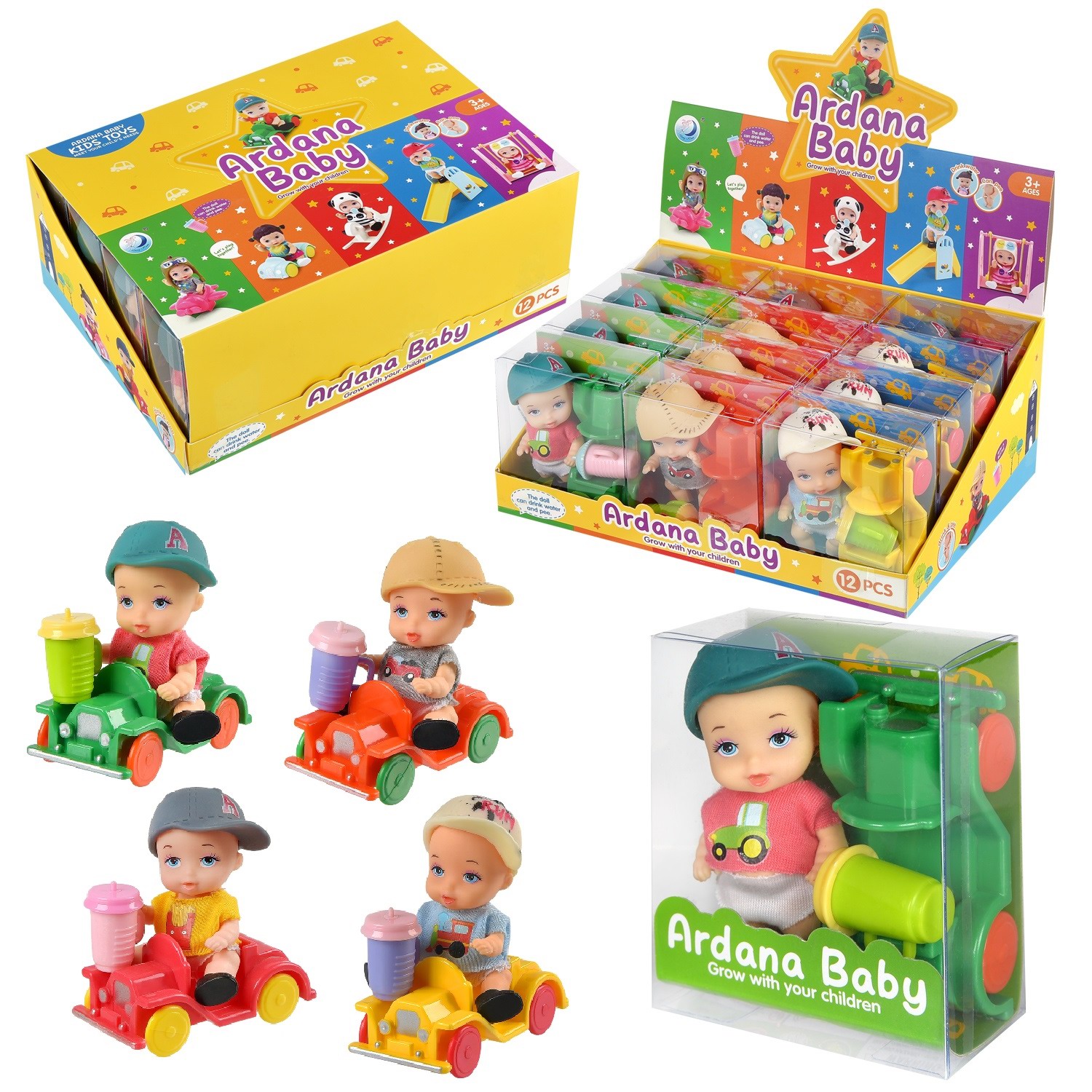 Пупс-куколка Junfa toys Baby Ardana Пупсик на машинке с поильником 4 вида 1 шт 320₽