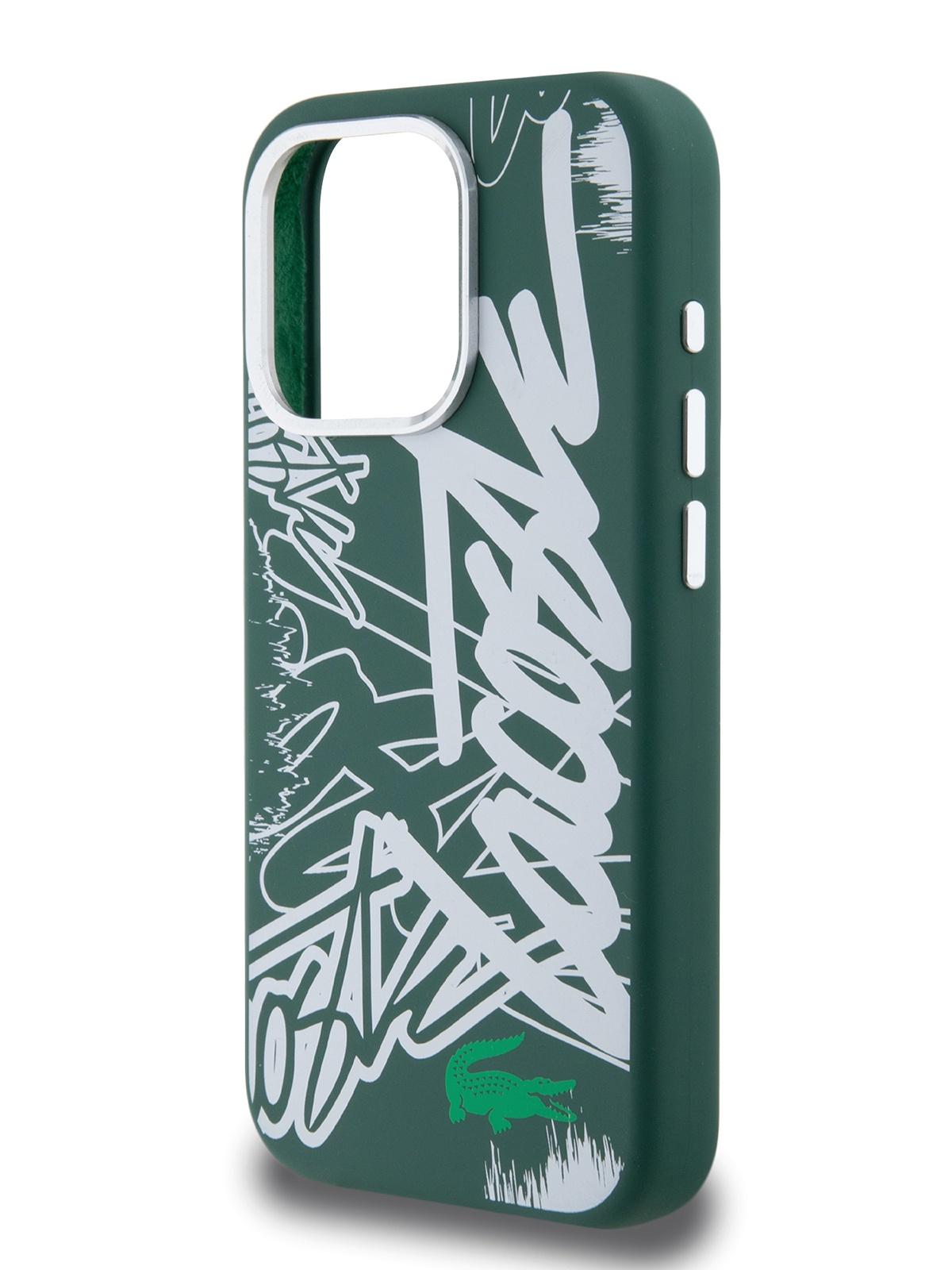 Чехол Lacoste для iPhone 15 Pro с эффектом Soft-touch Graffiti Hard Green/White