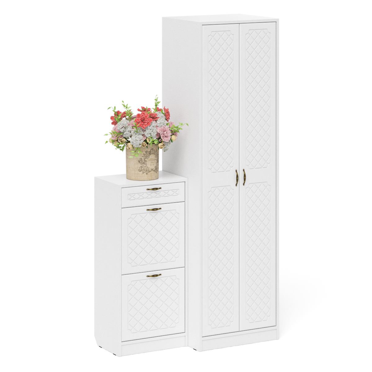 

Шкаф с тумбой для обуви 2 секции Мебельный Двор П-6 № 16 белая/белое дерево ромб, Белый, № 16-бр