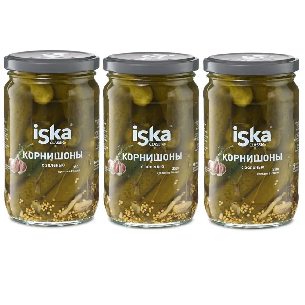 Набор Iska корнишоны, маринованные, с зеленью, 3x350 г, 1 шт.