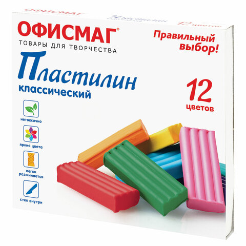 Пластилин классический ОФИСМАГ, 12 цветов, 240 г, СО СТЕКОМ, 106677, (3шт.)