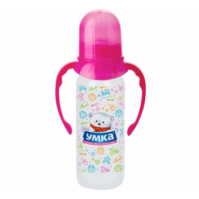 Бутылочка Умка Классик с ручками с силиконовой соской с 6 месяцев 250 мл розовая
