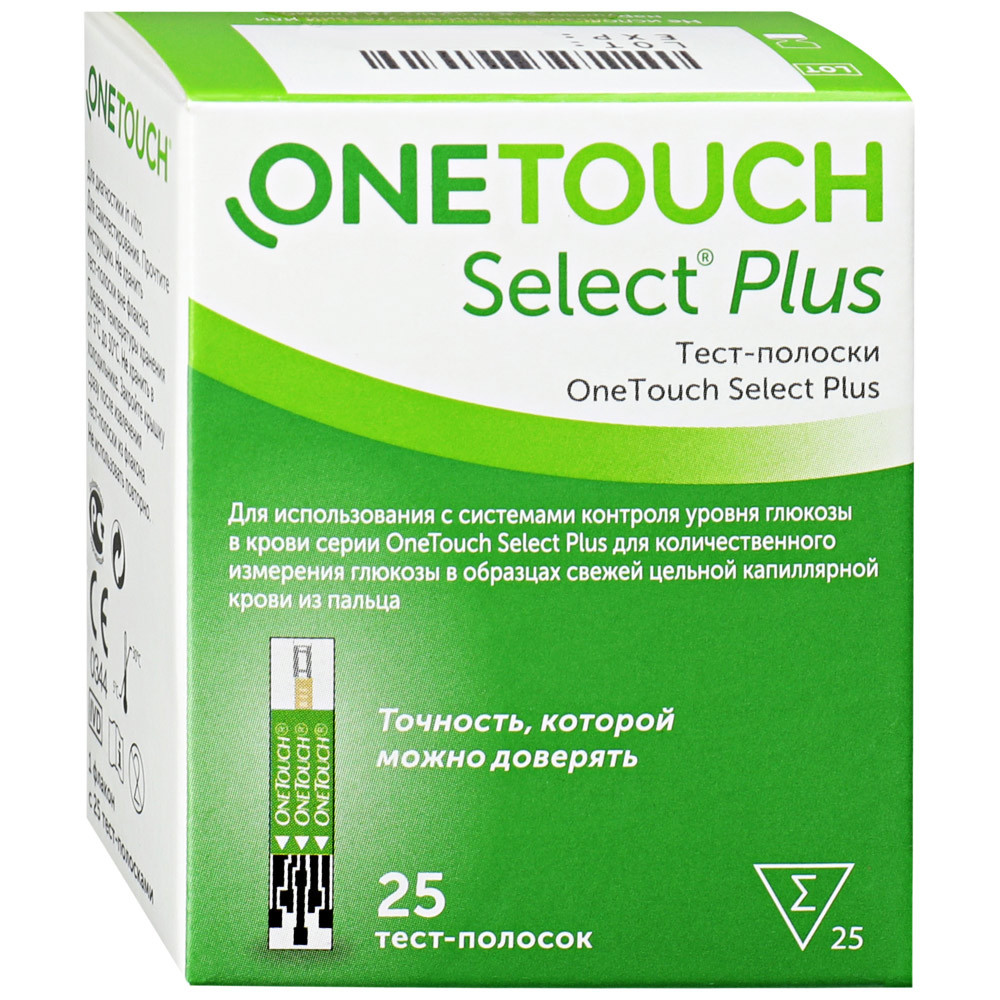 Тест-полоски для определения уровня глюкозы в крови One Touch Select Plus 25 шт.