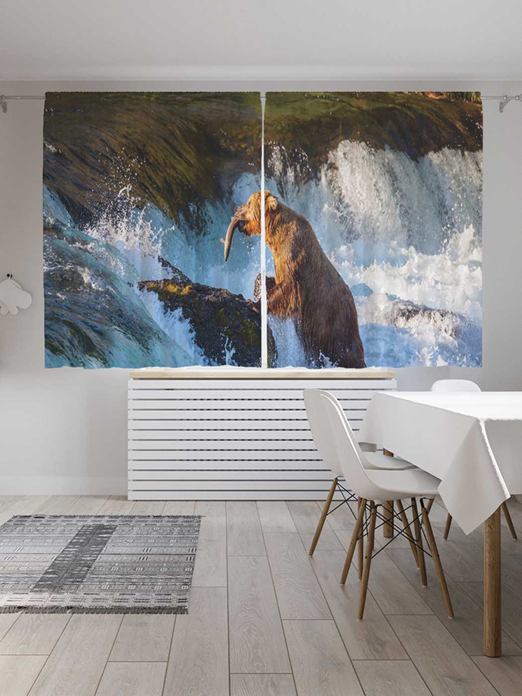 фото Классические шторы joyarty "медведь на рыбалке", серия oxford delux, 2 полотна 145x180 см