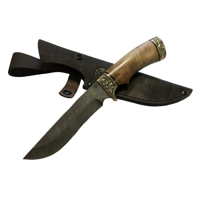 Нож Семин Галеон, дамасская сталь, рукоять из ореха и литья из мельхиора