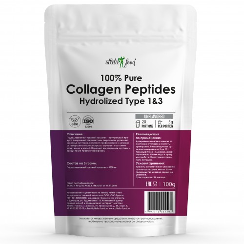 фото Говяжий коллаген atletic food 100% pure collagen peptides - 100 г, натуральный