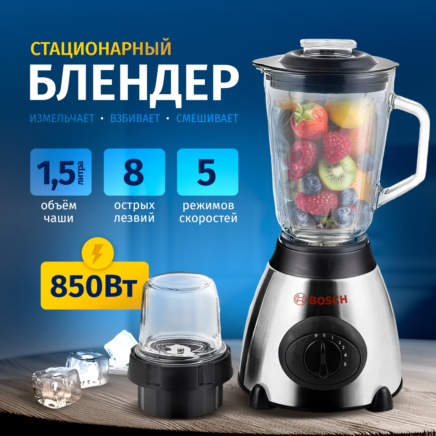 Блендер Bosch BS-1015 серебристый блендер стационарный bosch vitapower serie 2 mmb2111t