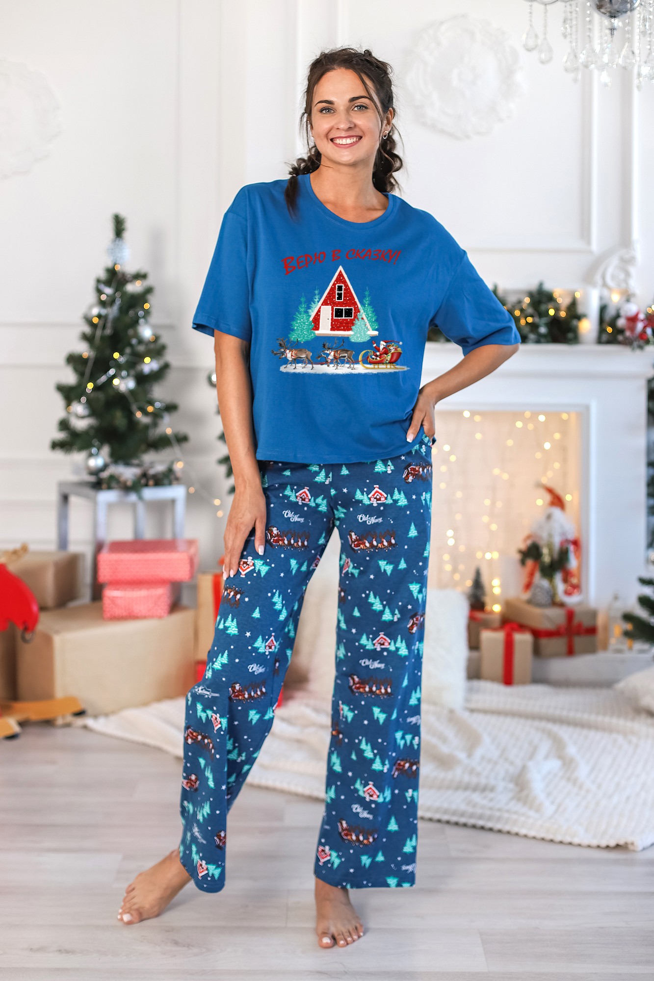 Пижама женская Виотекс Новогоднее чудо-3 синяя 42 RU