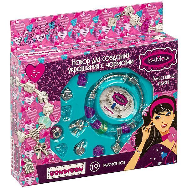 

Набор для создания украшений с чармами Eva Moda,19 элементов, BOX 18х14х3,5 см, арт.868-75