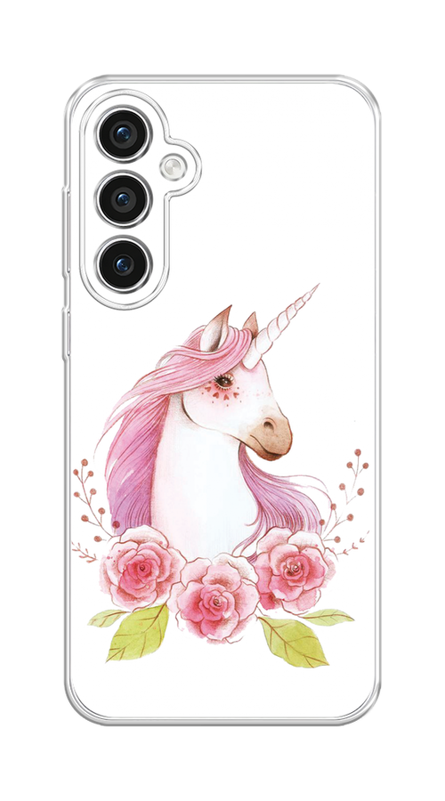 

Чехол на Samsung Galaxy S23 FE 5G "Единорог цветы", Белый;розовый;серый, 2108450-1