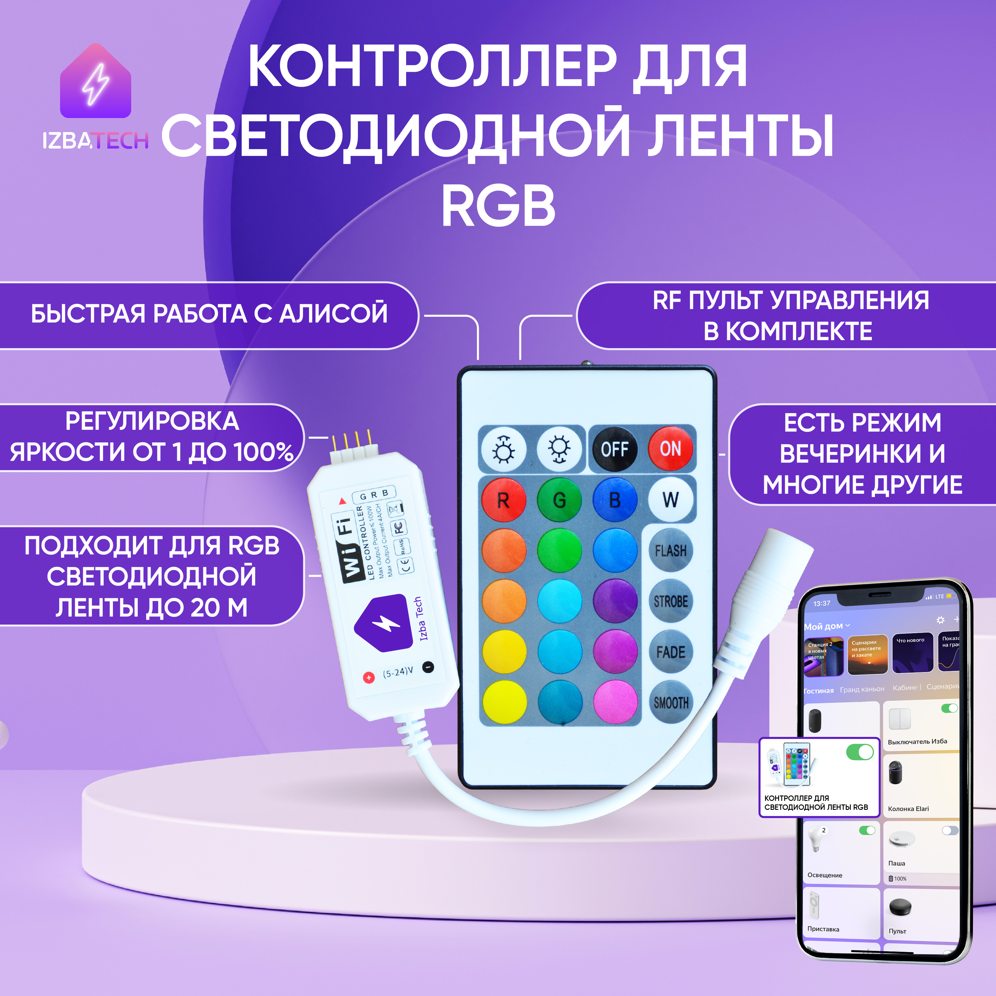 

Контроллер для светодиодной ленты Izba Tech 0022 с пультом ДУ, 0022