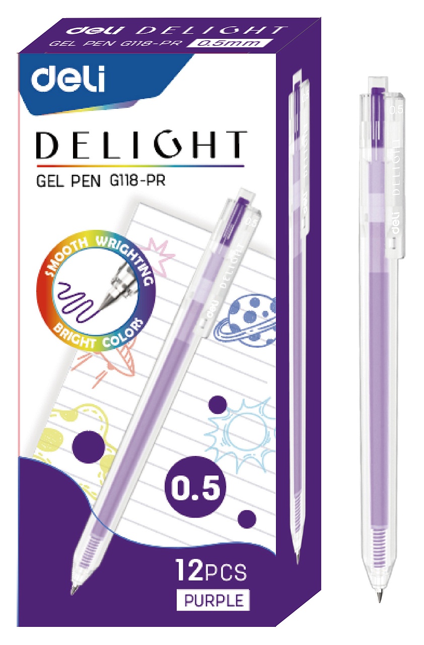 

Ручка гелев. Deli Delight EG118-PR прозрачный фиол. черн. линия 0.5мм (12 шт в уп.)