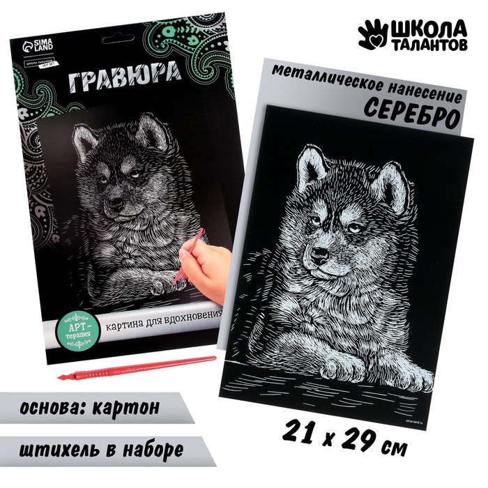 Гравюра «Щенок хаски» с металлическим эффектом «серебро» А4, (2шт.) 100063732010