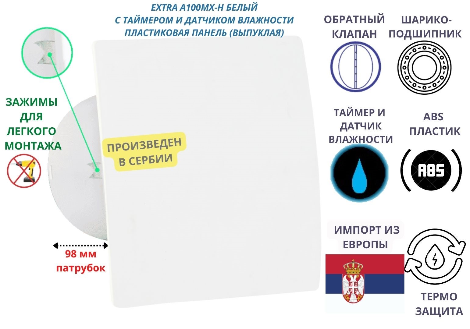 Вентилятор с таймером и датчиком влажности d100мм A100МX-H панель белый 5895₽