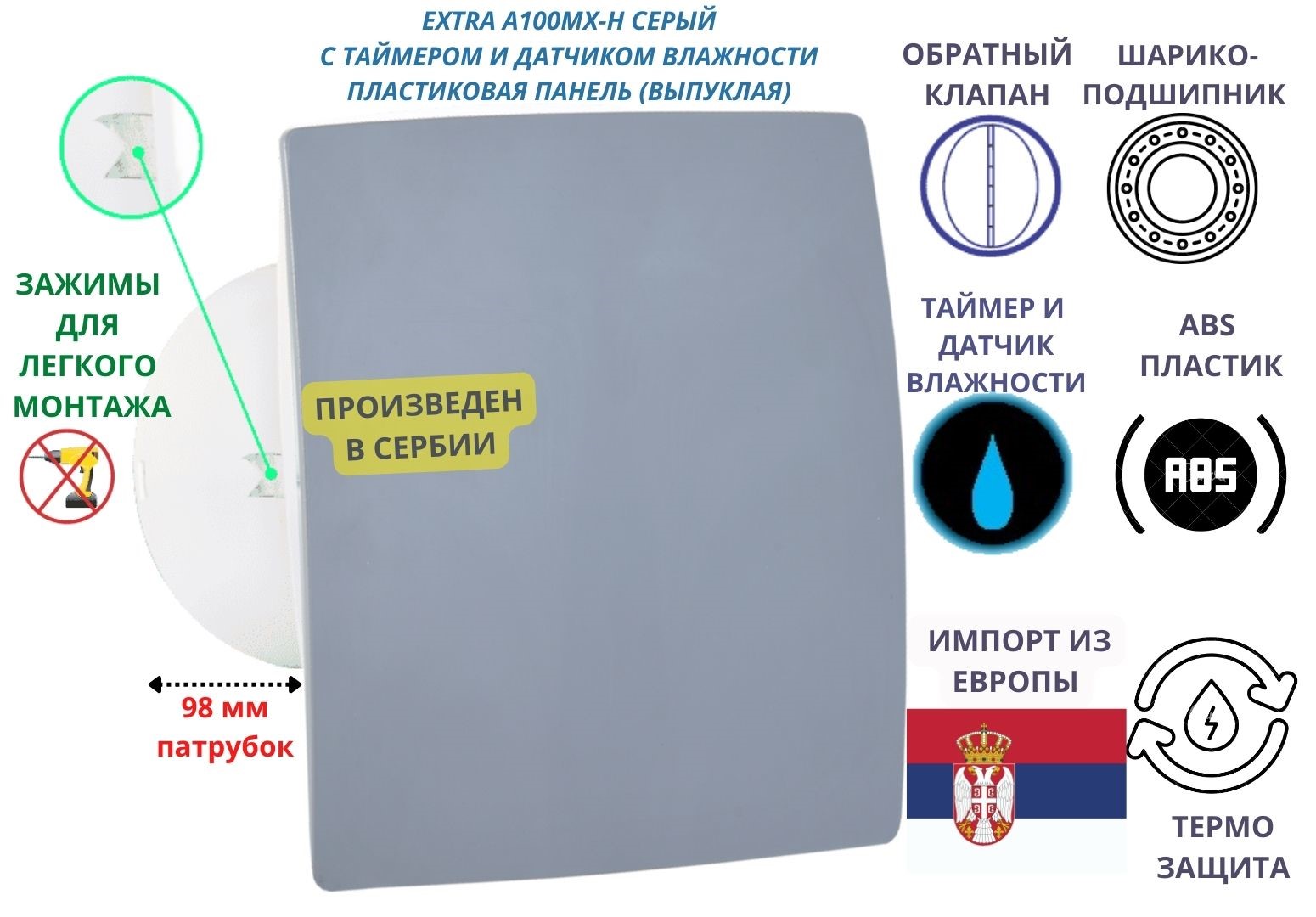 Вентилятор с таймером и датчиком влажности, d100мм, A100МX-H, панель серый IP-A100MX-H-pvc-grey