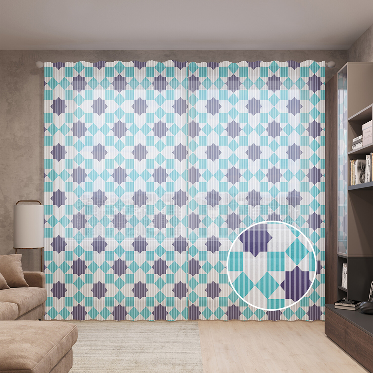 

Тюль вуаль на шторной ленте с принтом JoyArty "Геометрический азулежу", 310х265 см, Геометрический азулежу