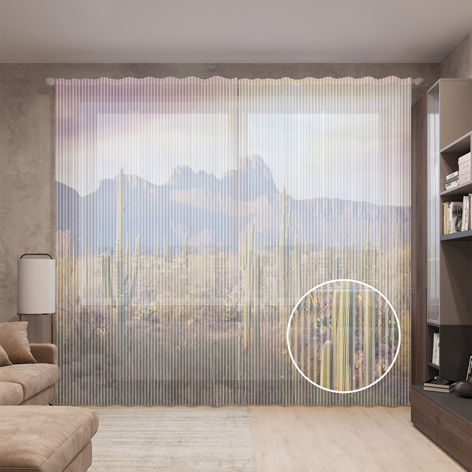 

Тюль вуаль на шторной ленте с принтом JoyArty "Кактусы у гор", 310х265 см, Кактусы у гор