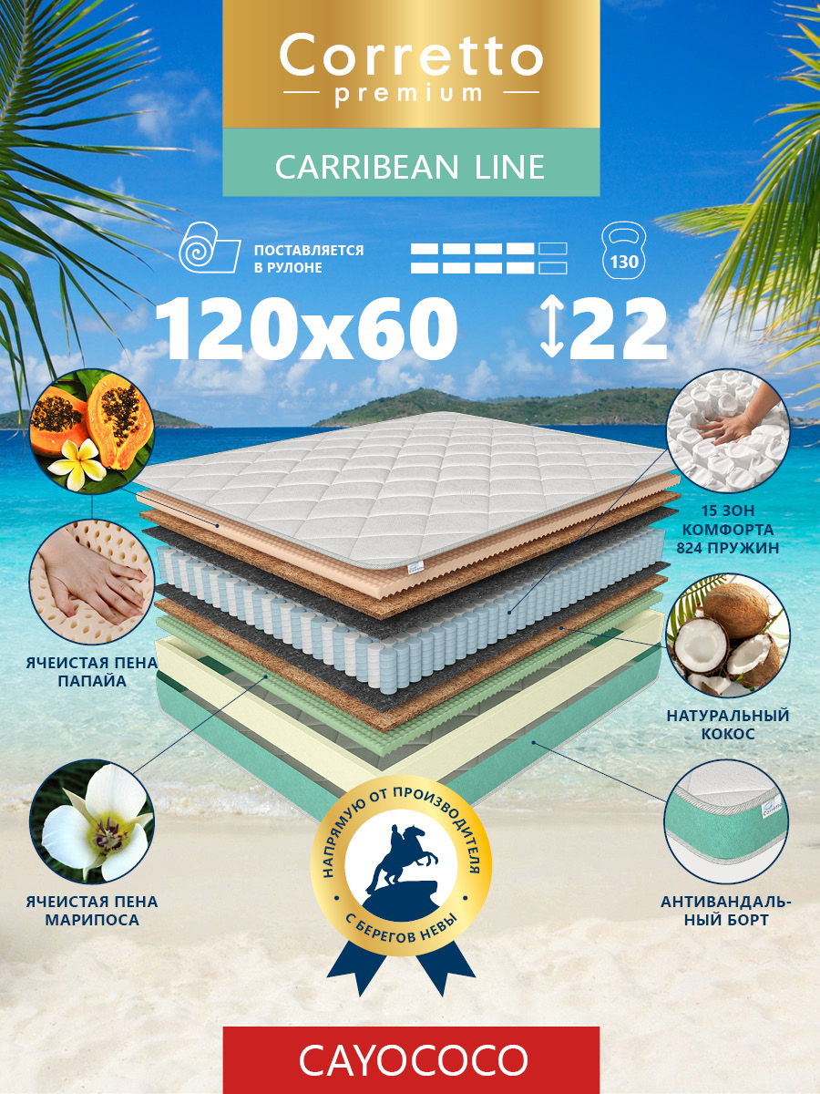 

Матрас для новорожденных CORRETTO Cayococo ортопедический пружинный 120X60 см, Cayococo