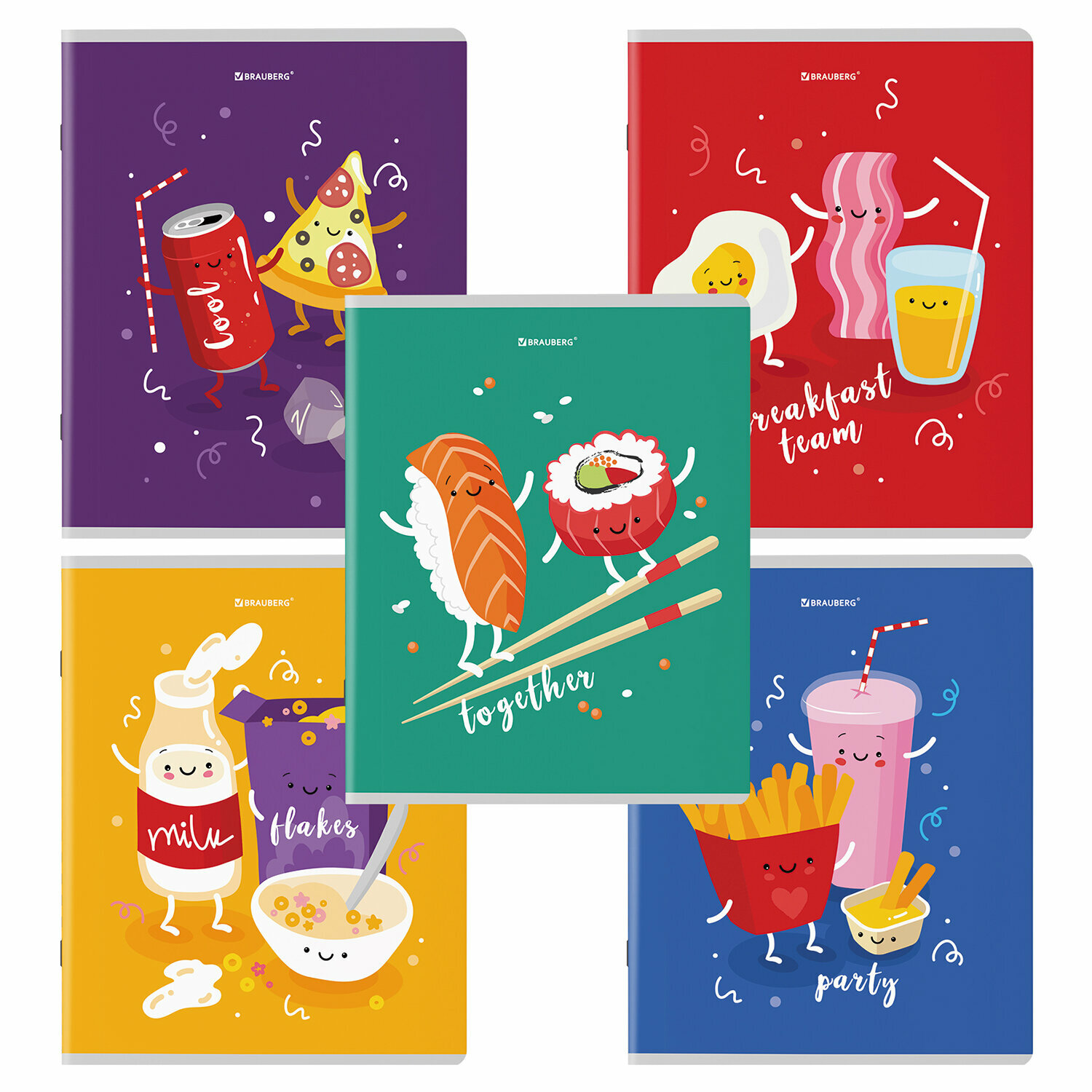 

Тетради комплект 5 шт. А5, 48 л., BRAUBERG, скоба, клетка, TWIN лак, "Funny Food", 404397