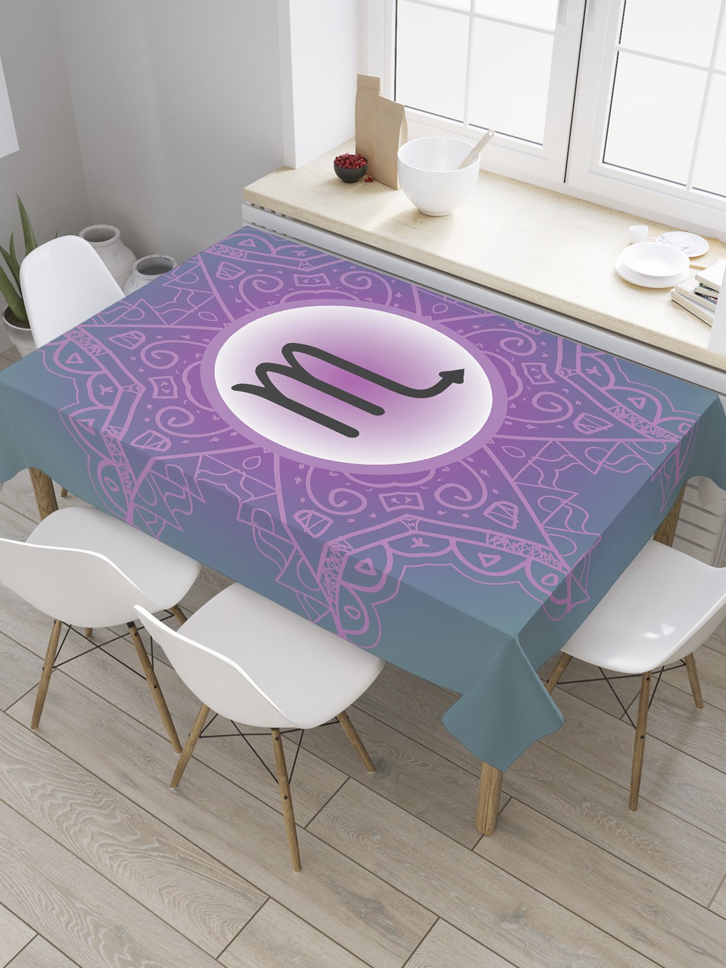 

Скатерть прямоугольная JoyArty "Знак Скорпиона в орнаменте" из сатена, 180x145 см, Фиолетовый, Знак Скорпиона в орнаменте