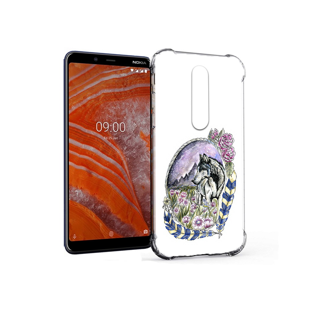 

Чехол MyPads Tocco для Nokia 3.1 Plus нарисованный волк в цветах с перьями, Прозрачный, Tocco