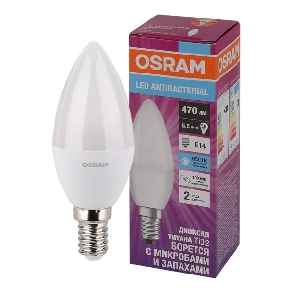 фото Светодиодная антибактериальная лампа osram lcclb40 5,5w/865 230vfr e14 10x1 4058075561397