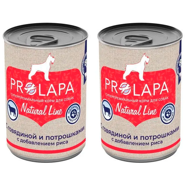 Консервы для собак Prolapa Natural Line с говядиной, потрошками и рисом, 2 шт по 400 г