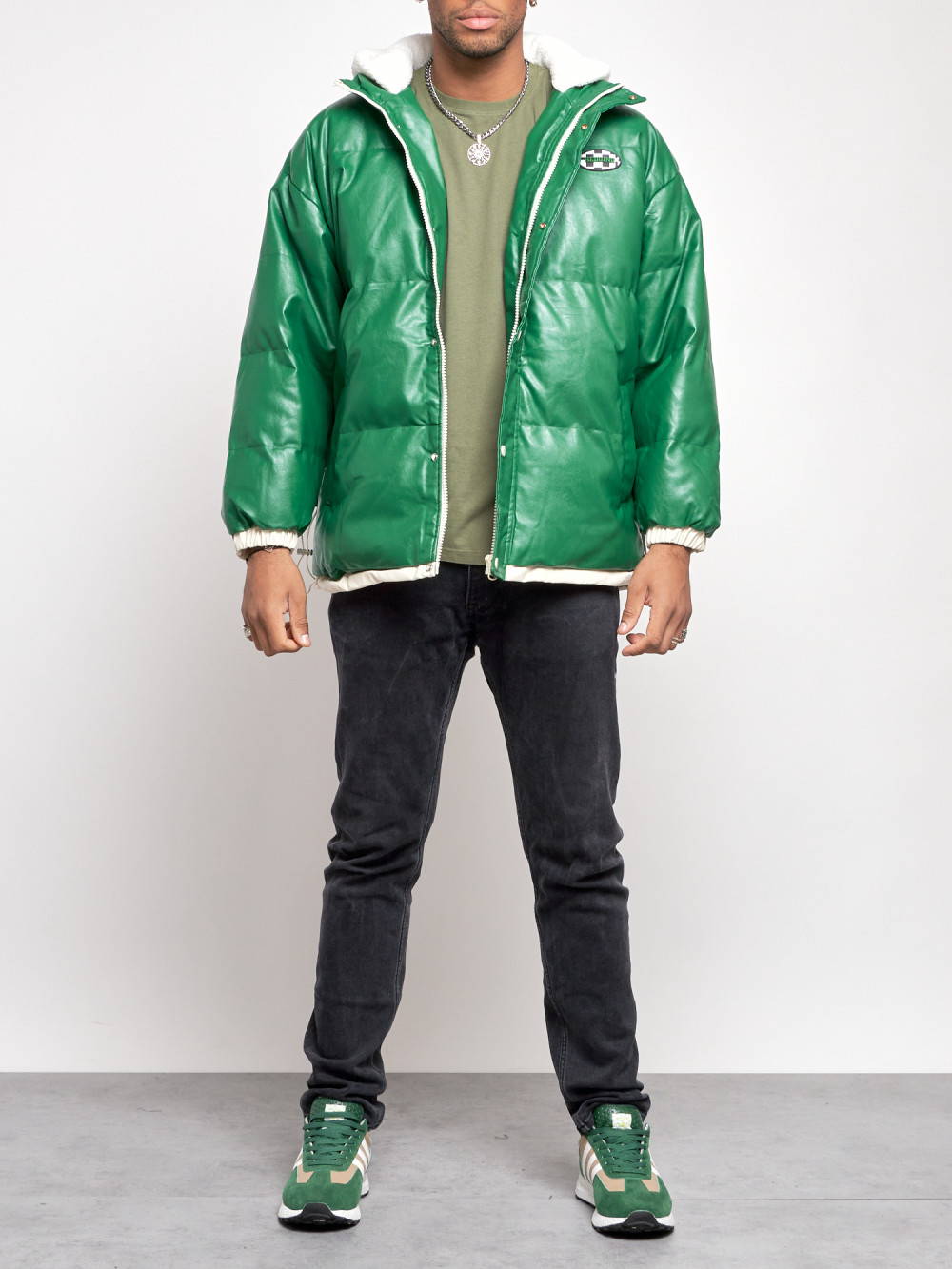 Кожаная куртка мужская AD28132 зеленая 2XL
