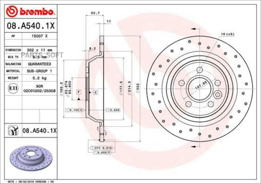 

BREMBO 08.A540.1X Диск тормозной задний 1шт