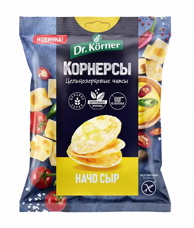 Чипсы DrKorner цельнозерновые кукурузно-рисовые с сыром начо 50 г 70₽