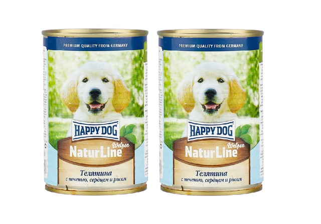 Консервы для щенков Happy Dog телятина с печенью, сердцем и рисом, 2 шт по 410 г