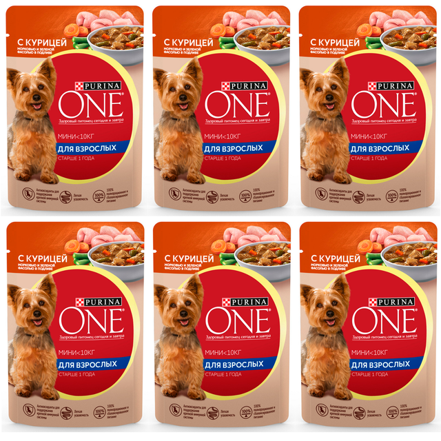 

Влажный корм для собак Purina One Мини с курицей, морковью, зеленая фасоль, 6 шт по 85 г, Мини