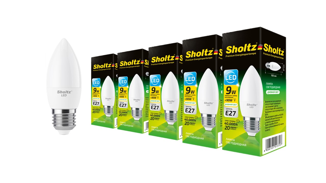 Комплект из 5 светодиодных ламп Sholtz свеча 9Вт E27 4200К C37 220-240В пластик LOC4137