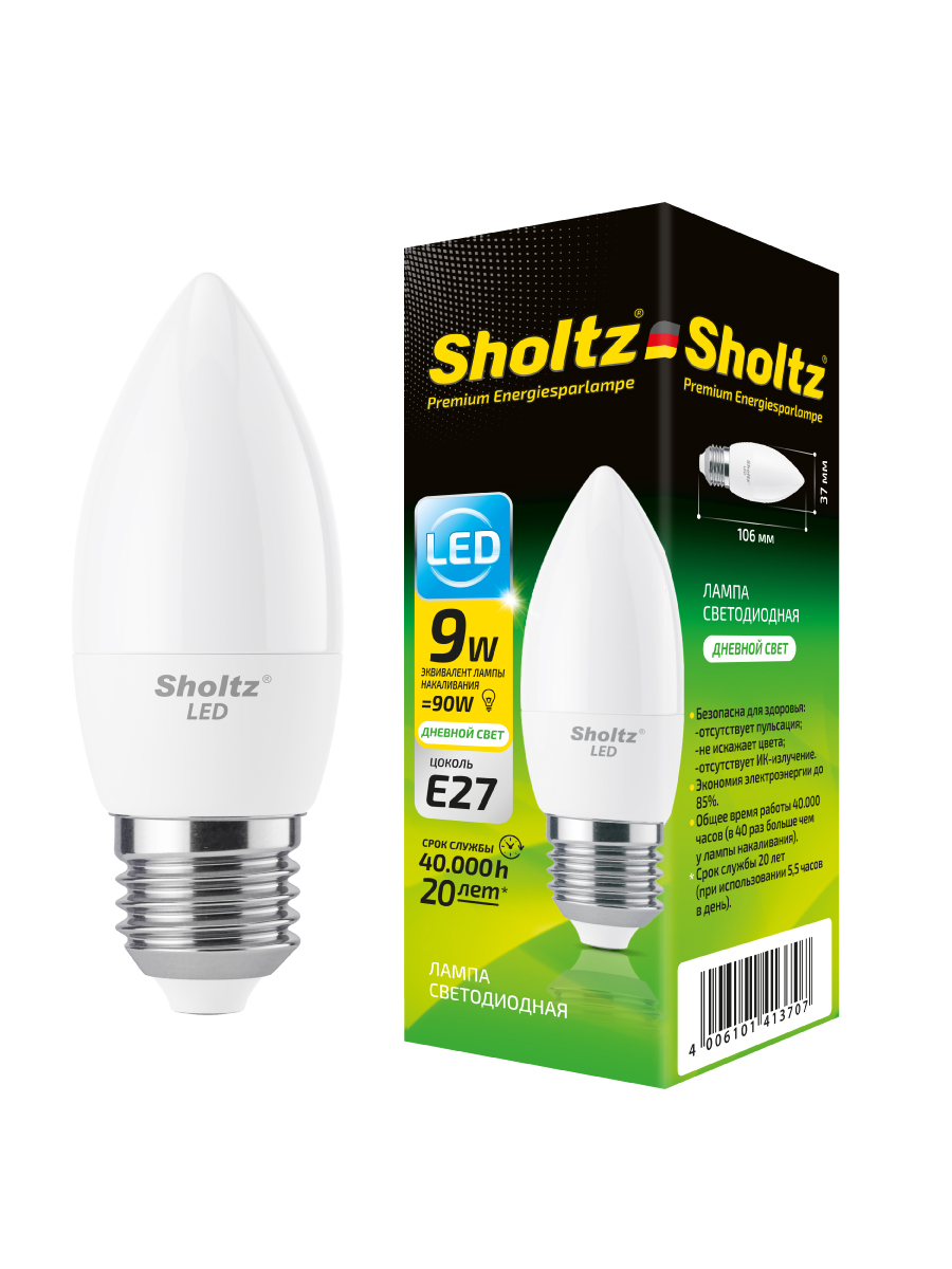 Светодиодная лампа Sholtz свеча 9Вт E27 4200К C37 220-240В пластик LOC4137
