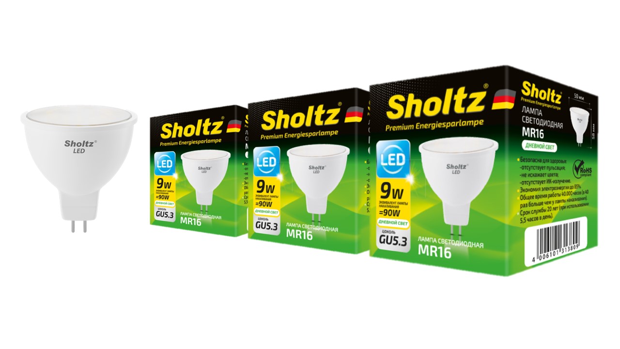 

Комплект из 3 светодиодных лама Sholtz софит 9Вт GU5.3 4200К MR16 220-240В пластик, LMR3138