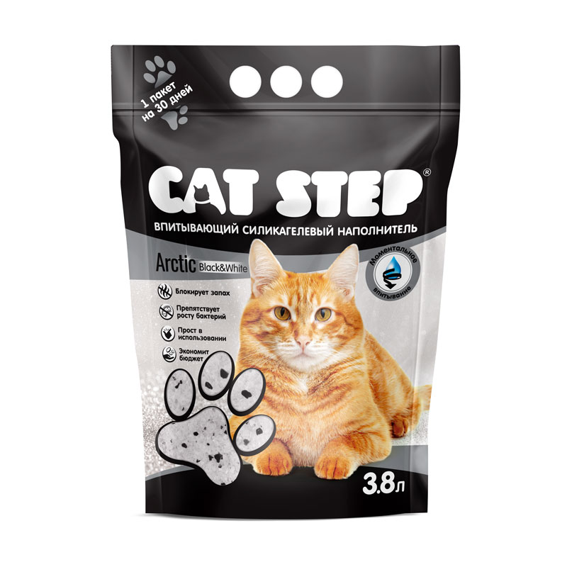 Наполнитель для кошачьих туалетов Cat Step Arctic Black&White, силикагелевый, 3,8 л