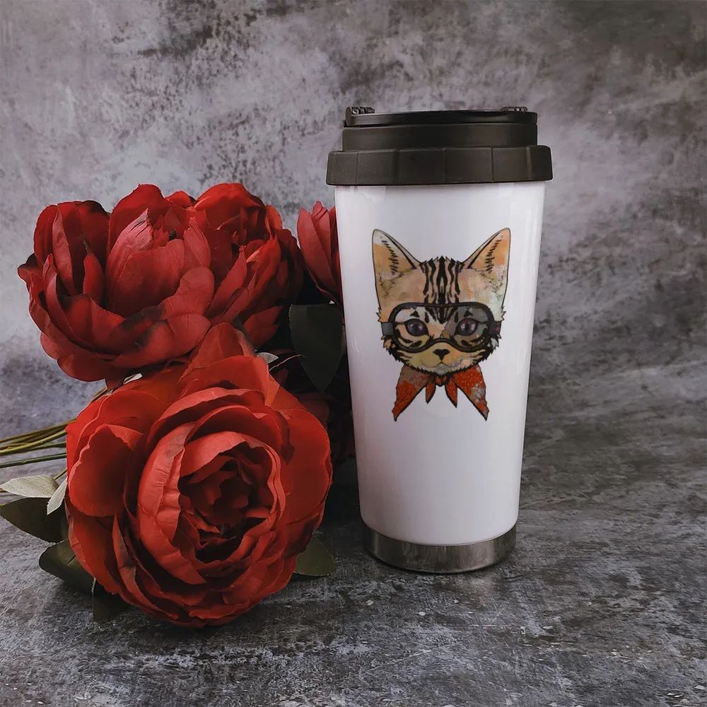 Термостакан белый CoolPodarok Котик в чёрных очках