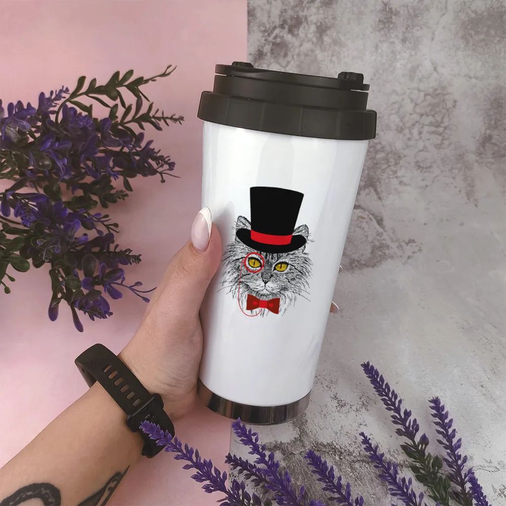 Термостакан белый CoolPodarok Кот с красной бабочкой и моноклем