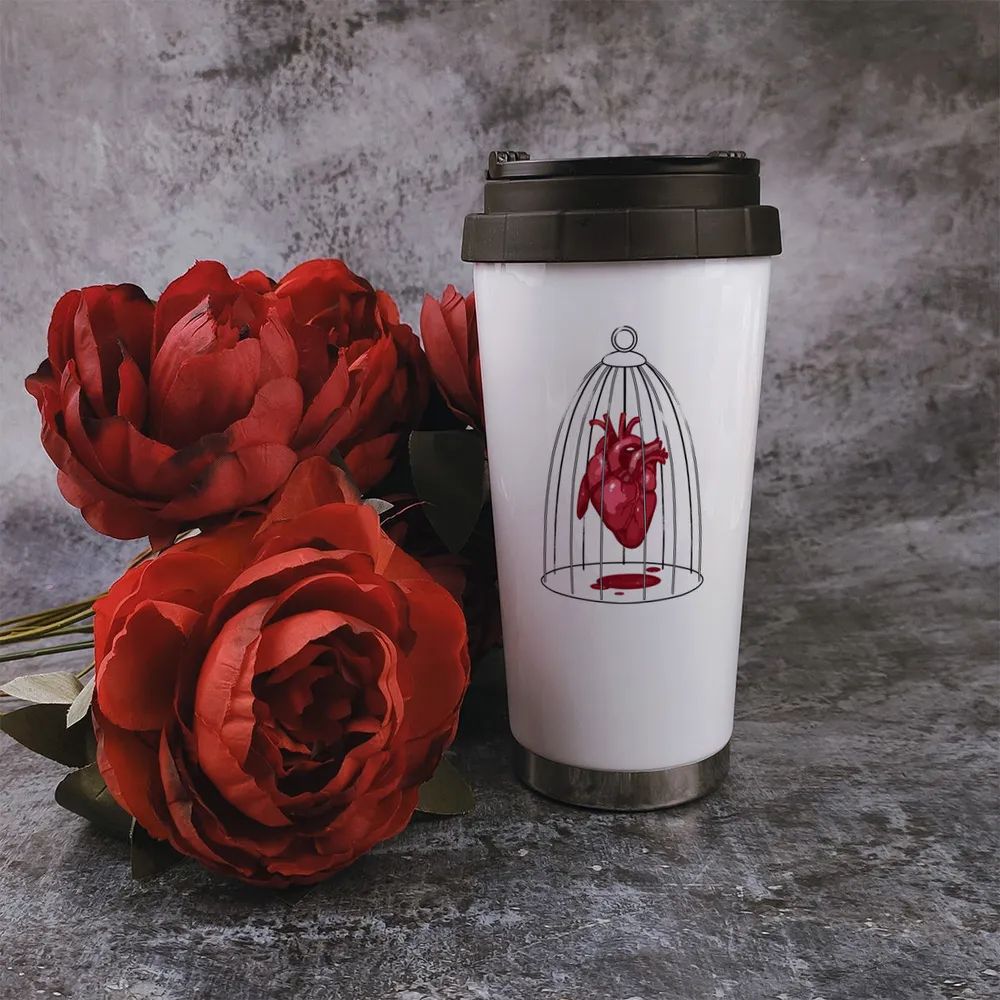 Термостакан белый CoolPodarok Сердце в клетке