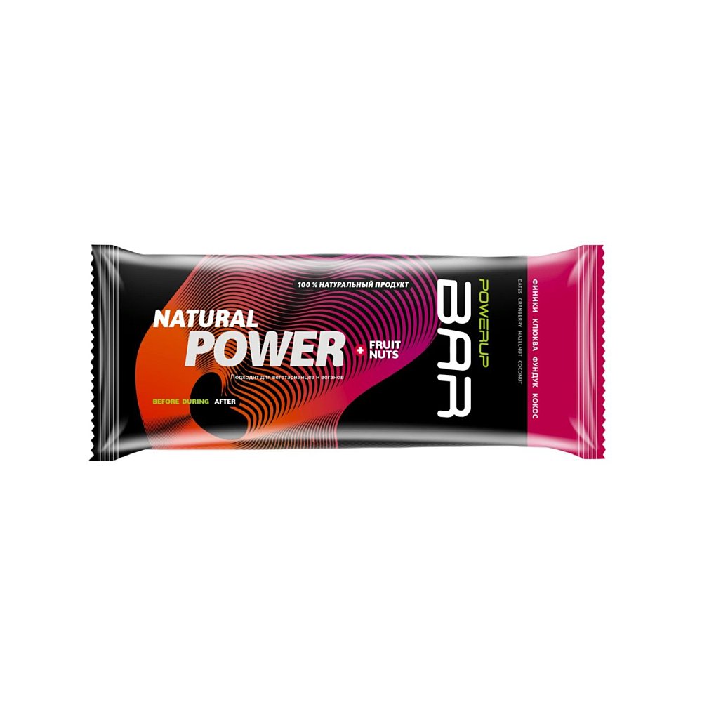 Энергетический батончик POWERUP® BAR, 50 г., FRUIT+NUTS финики, клюква, фундук, кокос