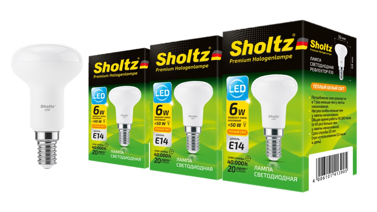 

Комплект из 3 светодиодных лама Sholtz рефлектор 6Вт E14 3000К R39 220-240В пластик, LER4139
