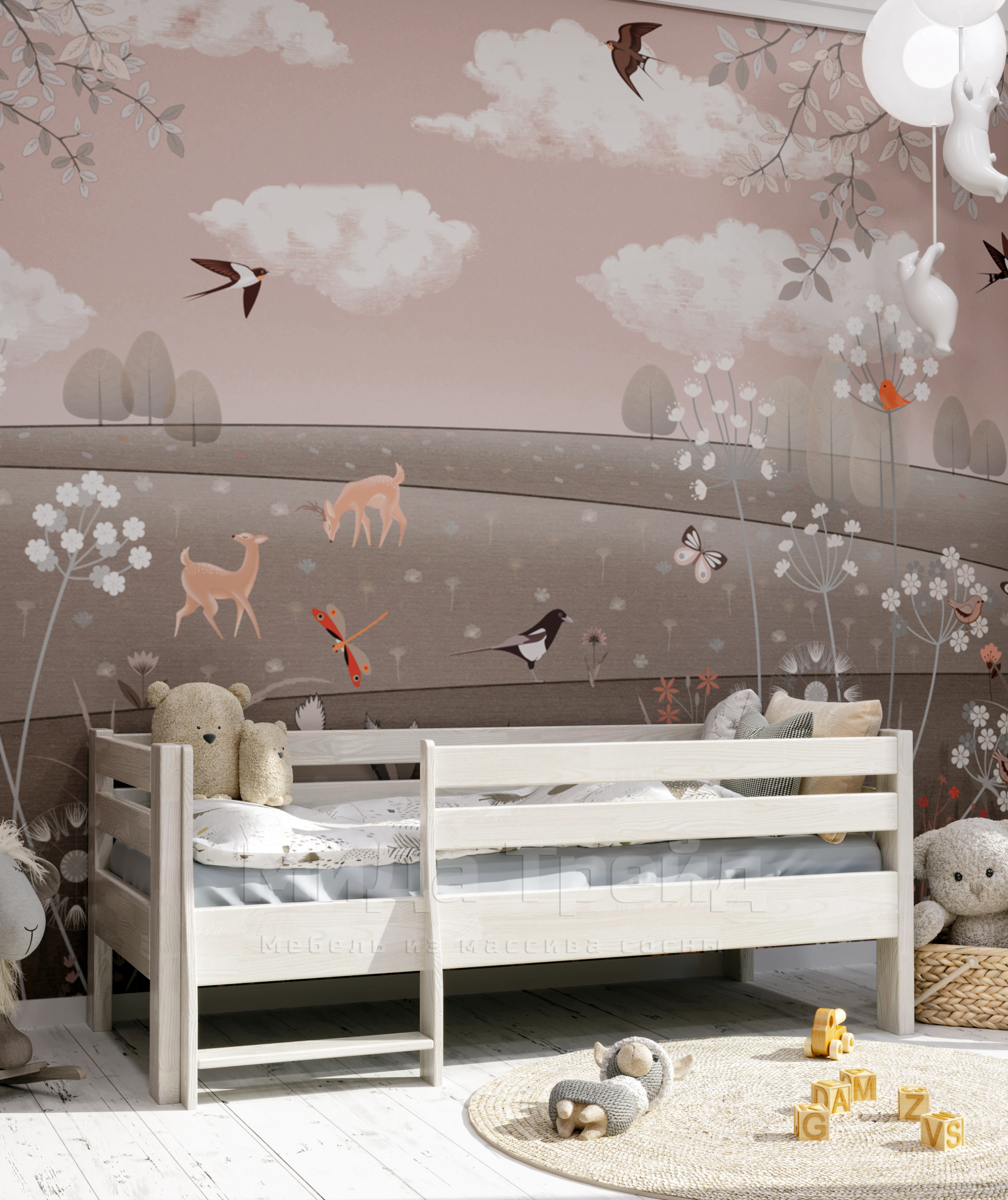 Детская кровать ПАНДА 70160 из массива сосны, без покрытия, отшлифованная