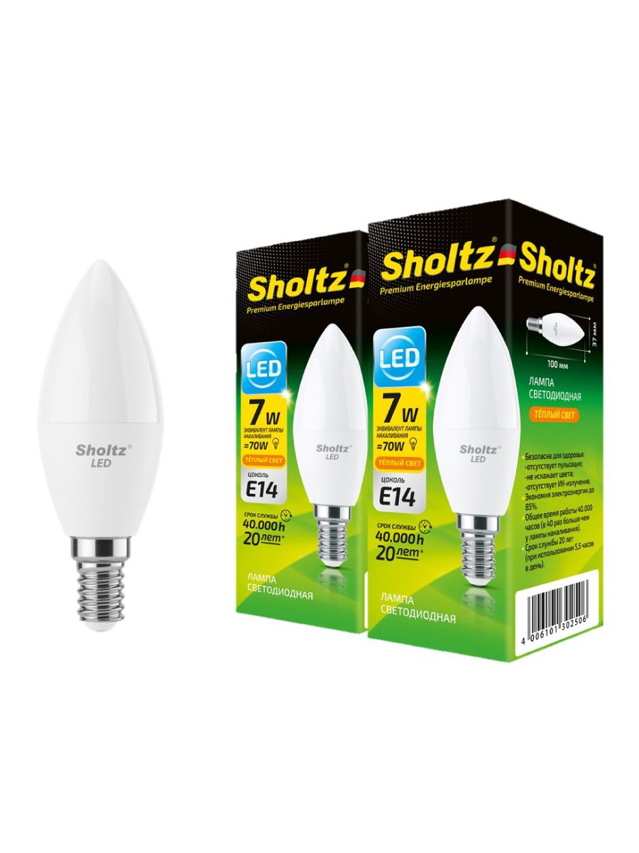 

Комплект из 3 светодиодных лама Sholtz свеча 7Вт E14 2700К C37 220-240В пластик, LEC3025