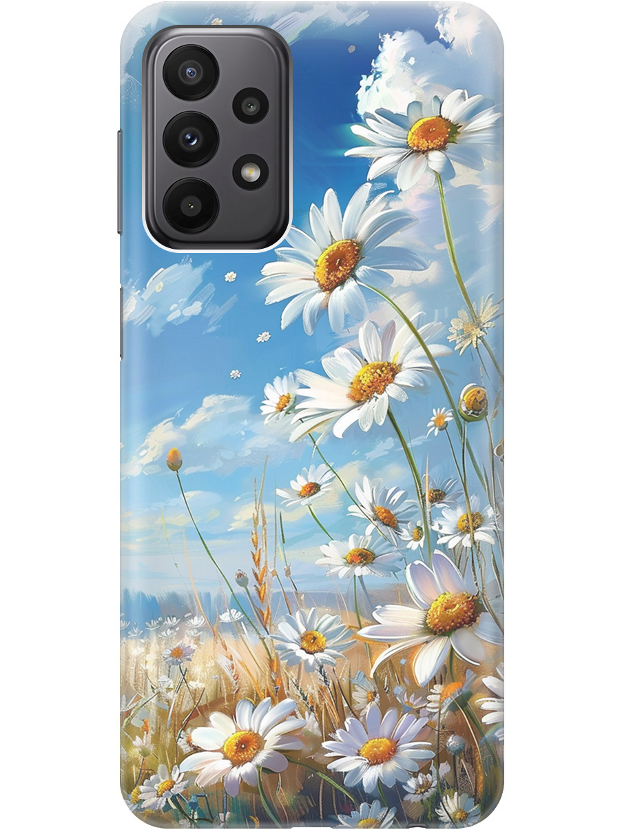 

Силиконовый чехол на Samsung Galaxy A23 4G с рисунком "Ромашки на поле", Белый;синий, 20000718