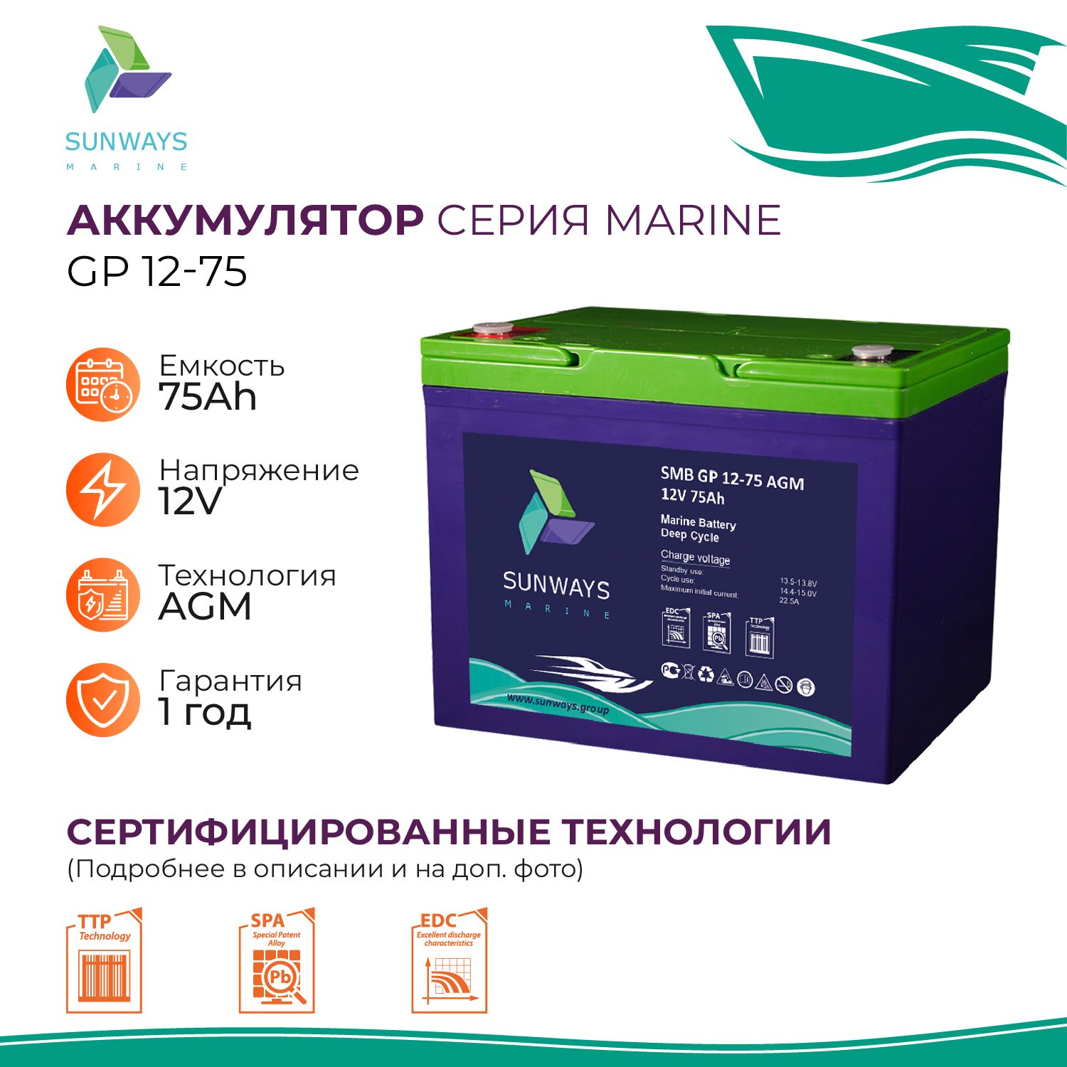 Аккумулятор для ИБП Sunways Marine SMB GP 12В 75Ач AGM