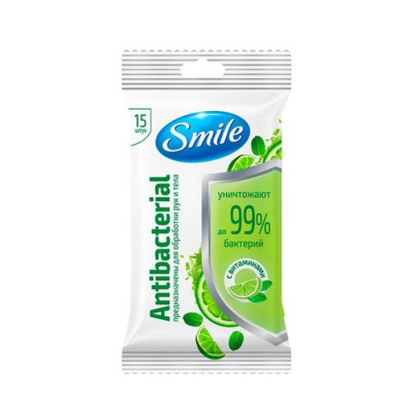 фото Салфетки влажные smile wonderland antibacterial с витаминами a, e, c, лайм и мята, 15 шт.