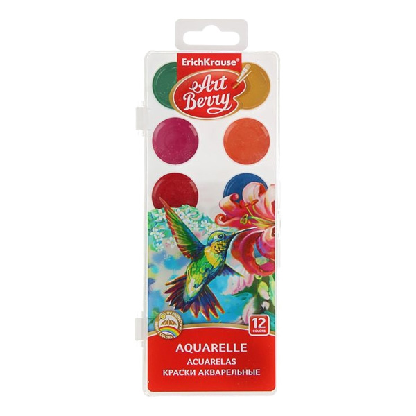 

Акварель ErichKrause ArtBerry 12 цв., Белый;желтый;зеленый;красный;синий;черный, Акварель