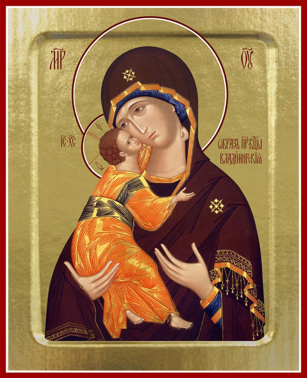 Икона Синопсисъ Пресвятой Богородицы, Владимирская млад в оранжево-васильковом, взгл. вни