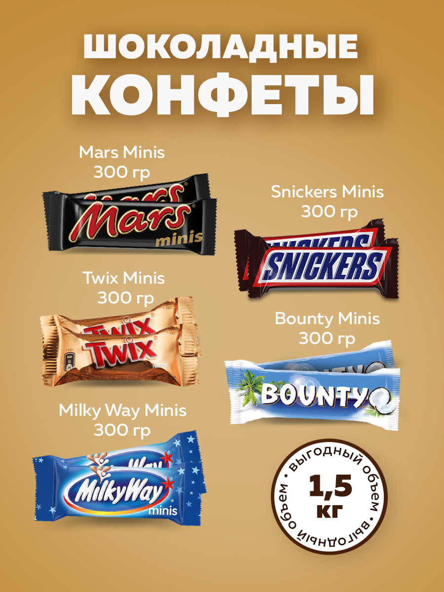 

Ассорти шоколадные конфеты Snickers, Mars, Twix, Bounty, MilkyWay, 5 шт х 300 г