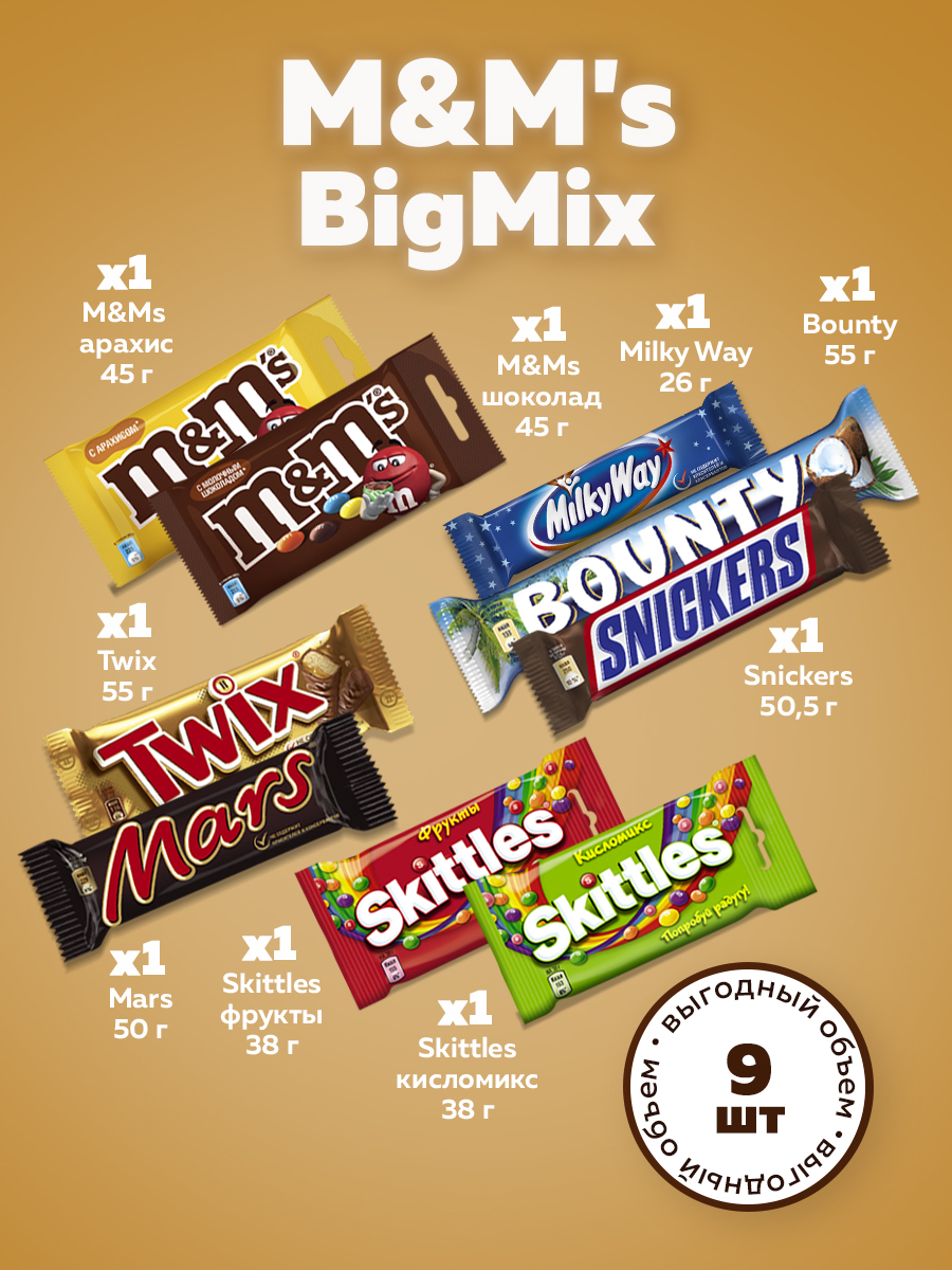 

Ассорти BigMix драже M&Ms, Skittles, батончики Snickers, Mars, 9 шт х 500 г, Mix